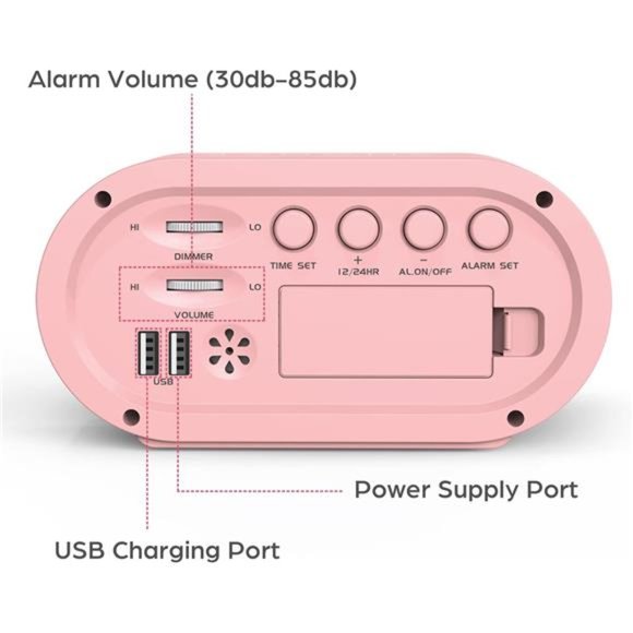 Pink Girls Alarm Clock, Dimmable Colorful LED Digital Display, USB Phone Charger - Picture 6 of 7